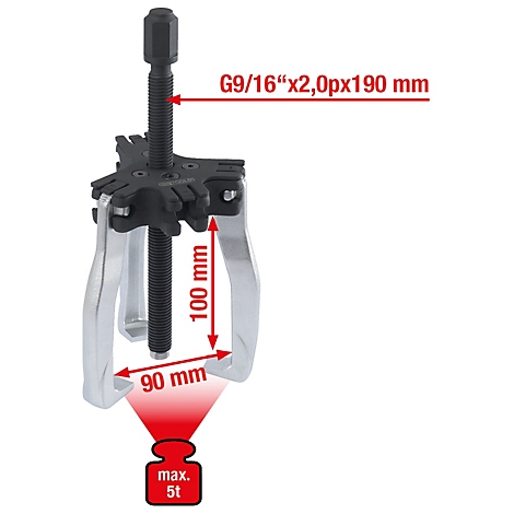 Ein silberner Abzieher mit schwarzen Elementen. Maße sind angegeben.